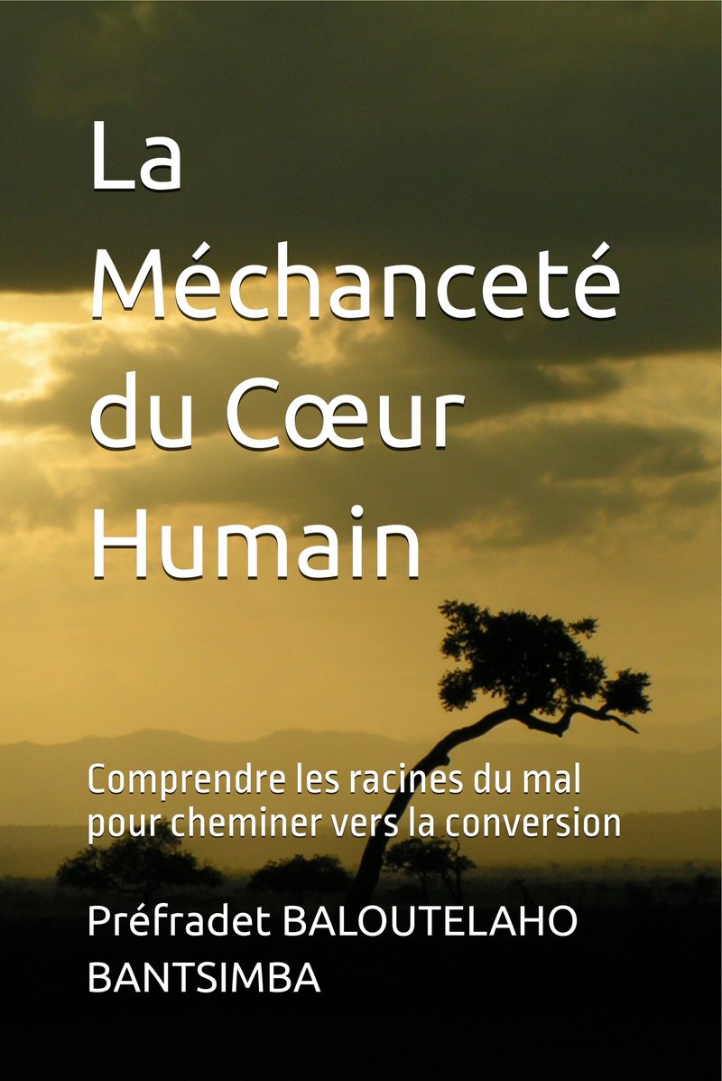 Couverture du livre La Méchanceté du Cœur Humain de Préfradet Baloutelaho Bantsimba, titre blanc sur un ciel doré au coucher du soleil